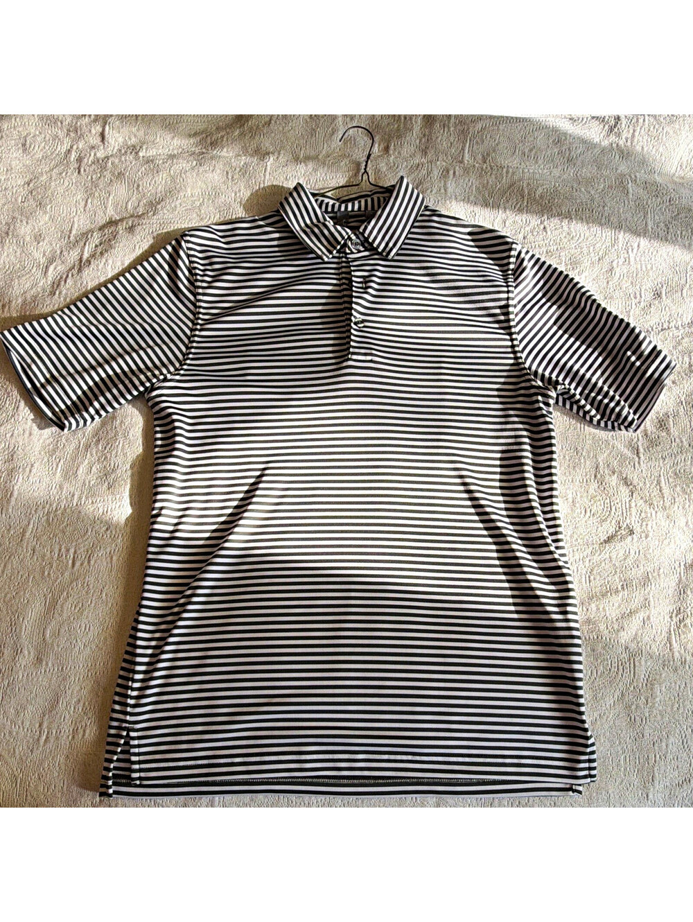 Ashworth Men’s M Regular Striped Black/White SS Button Collared Knit Logo Polo